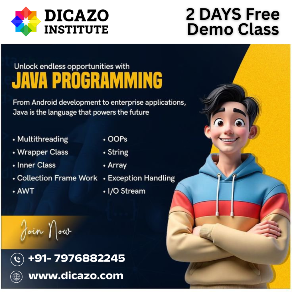 Java course poster by Dicazo Institute with free 2-day demo and key topics listed.